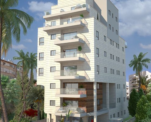 בניין עם הרבה מרפסות ועצים